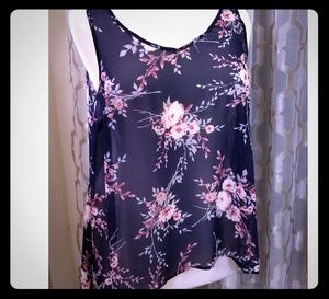 Floral Print Chiffon Double V Hi-Lo Tank Top